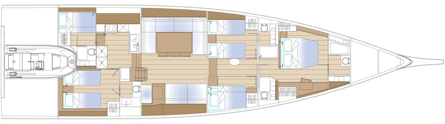 Interieurindeling Solaris 74 RS met vier hutten
