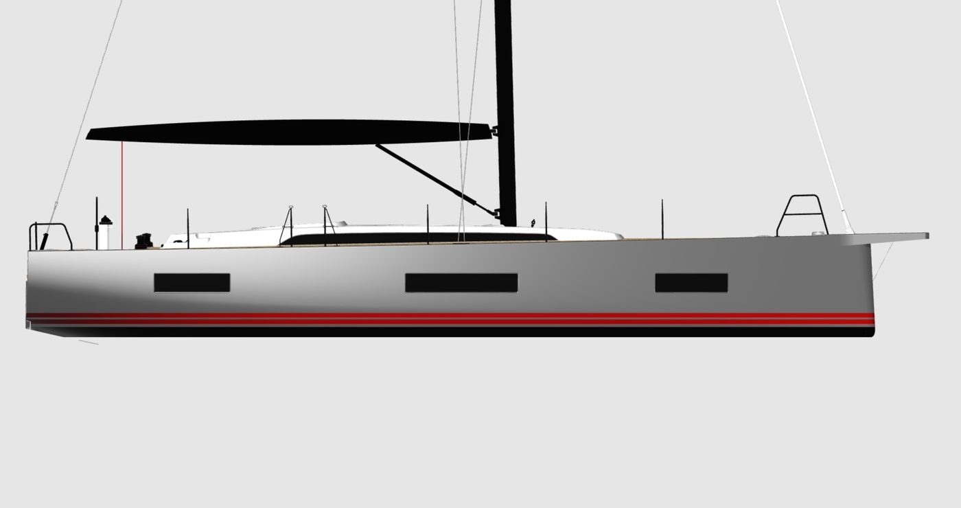 : Solaris 44 nieuw model 2026 rendering grijs met rode bies | Messink Yachting exclusief Benelux dealer